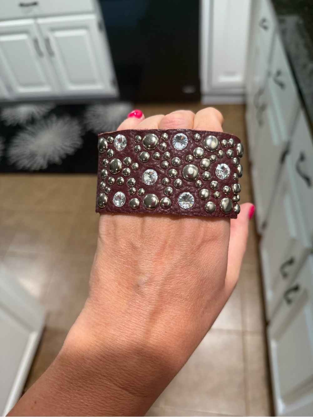 Embellished Leather Cuff Bracelet with Crystal Studs